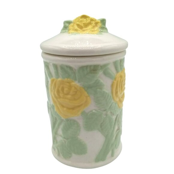 Canister Lid Ceramic Vintage Yellow Roses 5.25" Crazing Midcentury Floral Jar - Picture 1 of 16
